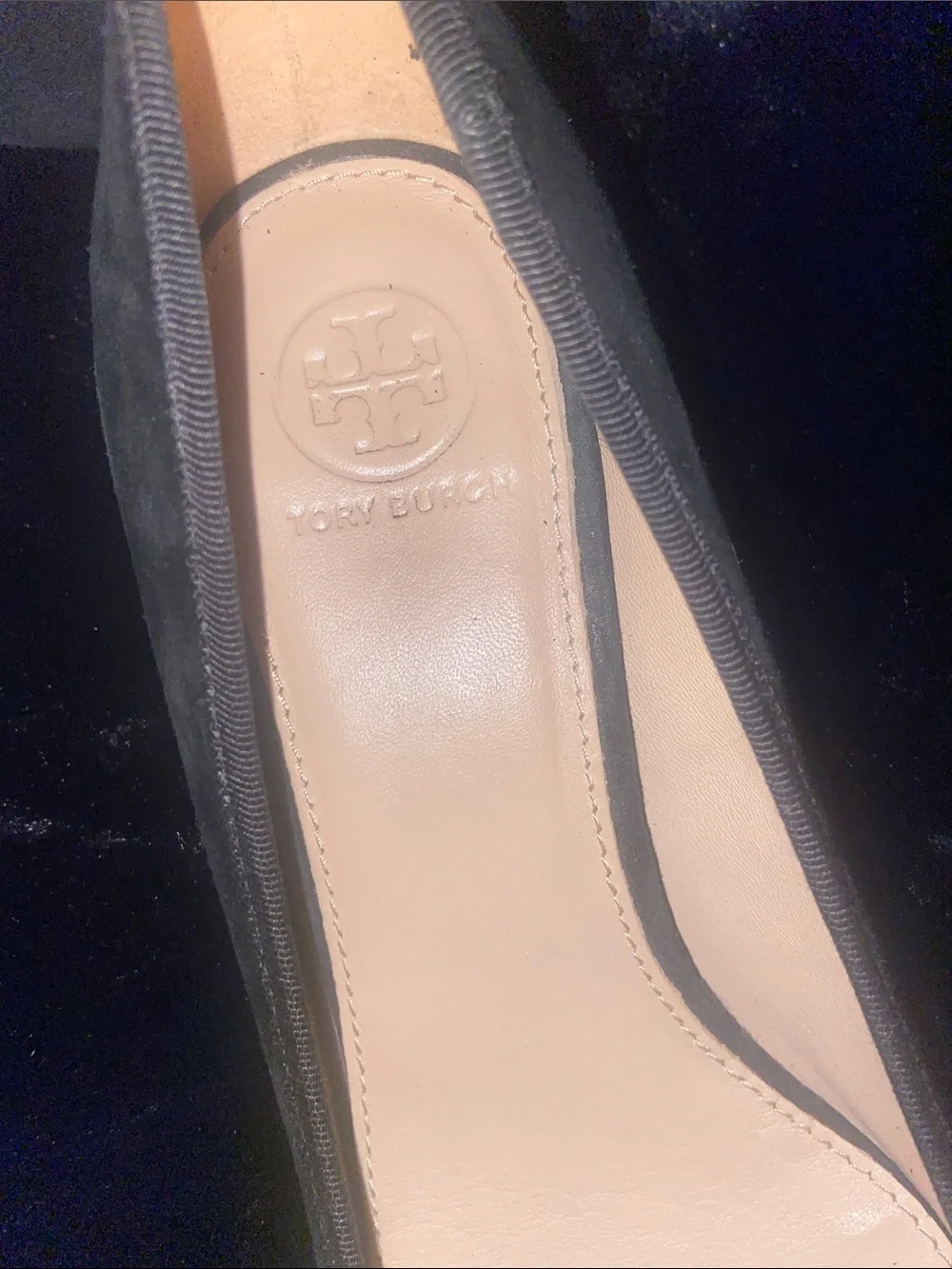 Tory Burch Black Suede Bow block low heel with Logo Charms